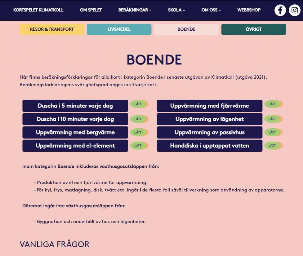 Beräkningsförklaringar Klimatkoll spel Boende klimatpåverkan Bo utsläpp