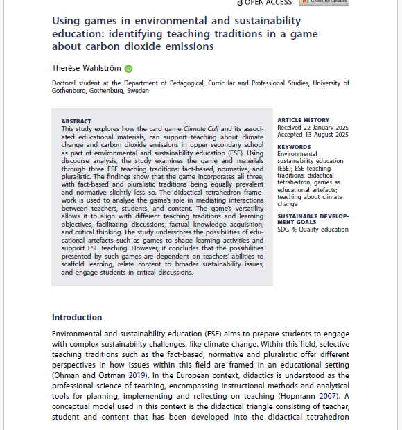 Bild på forskningsstudien "Using games in environmental and sustainability education: identifying teaching traditions in a game about carbon dioxide emissions" om Kortspelet Klimatkoll